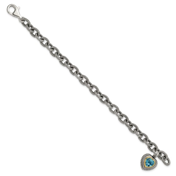 Shey Couture Sterling Silver with 14K Accent 7.5 Inch Antiqued Swiss Blue Topaz Heart Bezel Bracelet