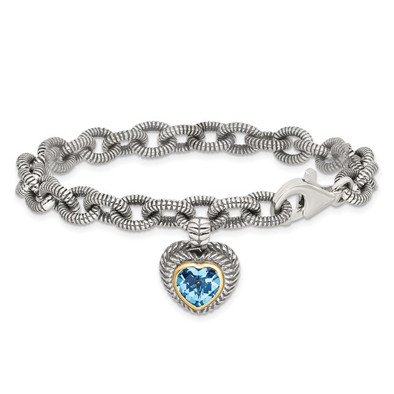 Shey Couture Sterling Silver with 14K Accent 7.5 Inch Antiqued Swiss Blue Topaz Heart Bezel Bracelet