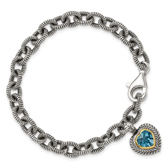 Shey Couture Sterling Silver with 14K Accent 7.5 Inch Antiqued Swiss Blue Topaz Heart Bezel Bracelet