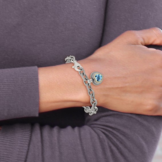 Shey Couture Sterling Silver with 14K Accent 7.5 Inch Antiqued Swiss Blue Topaz Heart Bezel Bracelet