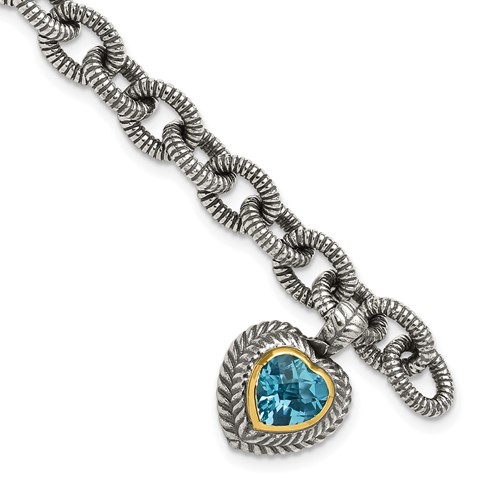 Shey Couture Sterling Silver Bracelet with 14K Accent Antiqued Swiss Blue Topaz Heart Bezel, 7.5"