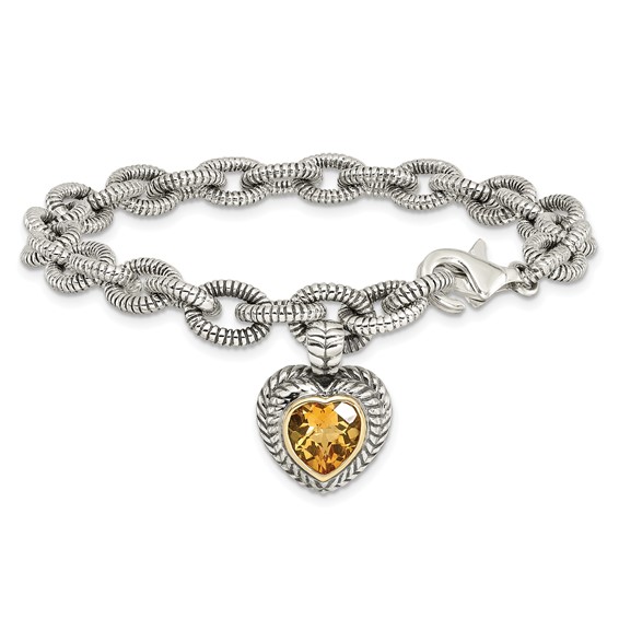 Shey Couture Sterling Silver with 14K Accent 7.5 Inch Antiqued Citrine Heart Bracelet
