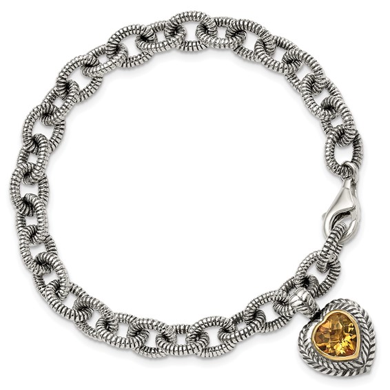 Shey Couture Sterling Silver with 14K Accent 7.5 Inch Antiqued Citrine Heart Bracelet