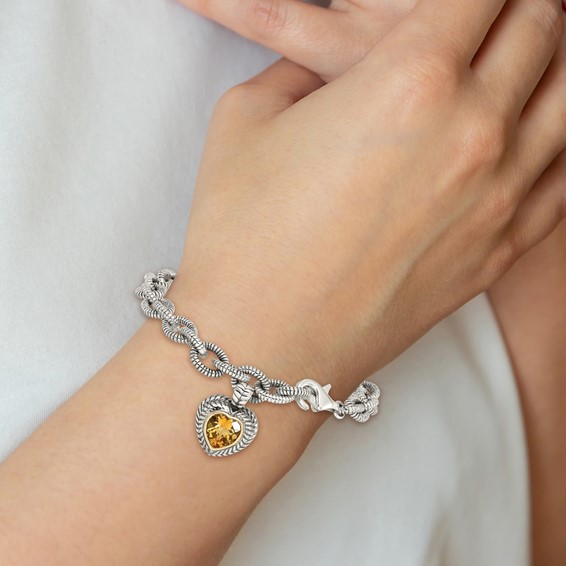 Shey Couture Sterling Silver with 14K Accent 7.5 Inch Antiqued Citrine Heart Bracelet