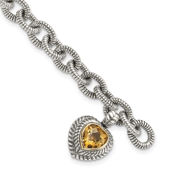 Shey Couture Sterling Silver with 14K Accent 7.5 Inch Antiqued Citrine Heart Bracelet