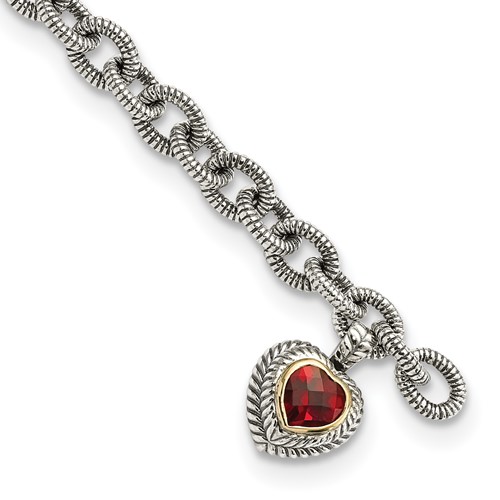 Shey Couture Sterling Silver Bracelet with 14K Accent Antiqued Checkerboard Garnet Heart Link, 7.25"