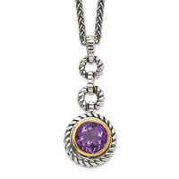 Shey Couture Sterling Silver Gold-tone Flash Gold-plated Antiqued Round Bezel Amethyst Necklace, 18" view 1