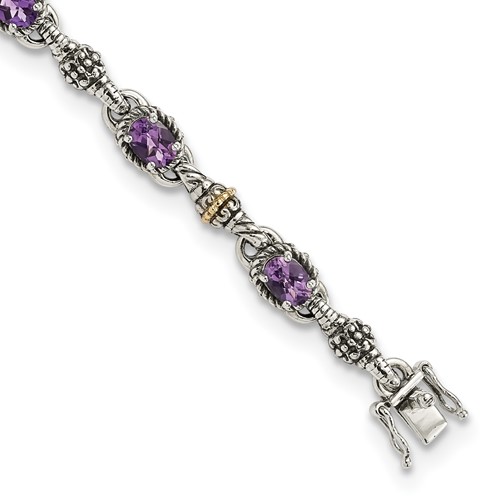 Shey Couture Sterling Silver Bracelet with 14K Accent Antiqued Oval Amethyst, 7.25"