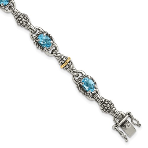 Shey Couture Sterling Silver Bracelet with 14K Accent Antiqued Oval Swiss Blue Topaz, 7.25"