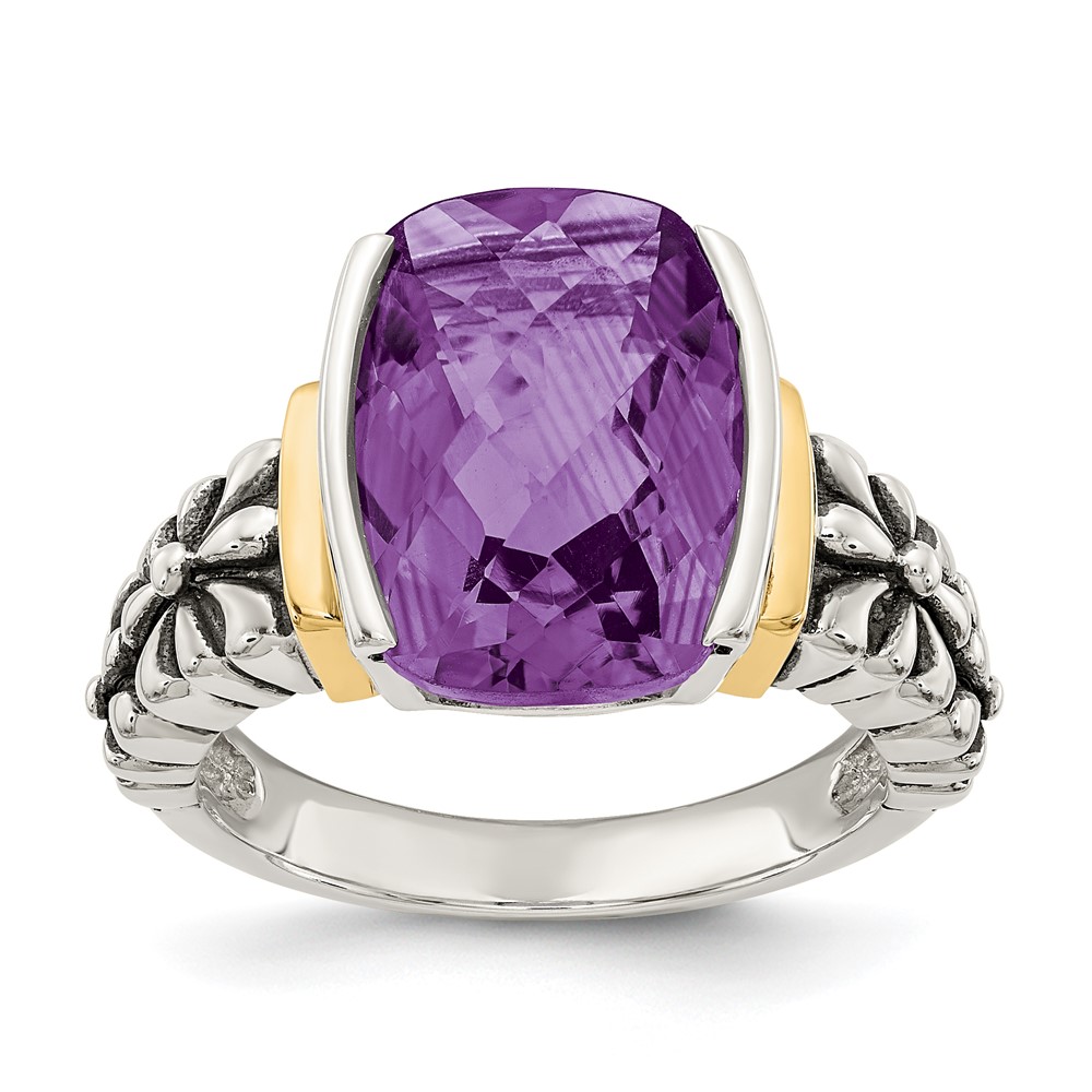 Shey Couture Sterling Silver Ring with 14K Accent Antiqued Checkerboard-cut Cushion Chanel-set Amethyst