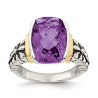 Shey Couture Sterling Silver Ring with 14K Accent Antiqued Checkerboard-cut Cushion Chanel-set Amethyst view 1