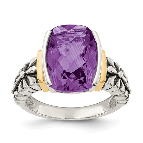 Shey Couture Sterling Silver Ring with 14K Accent Antiqued Checkerboard-cut Cushion Chanel-set Amethyst