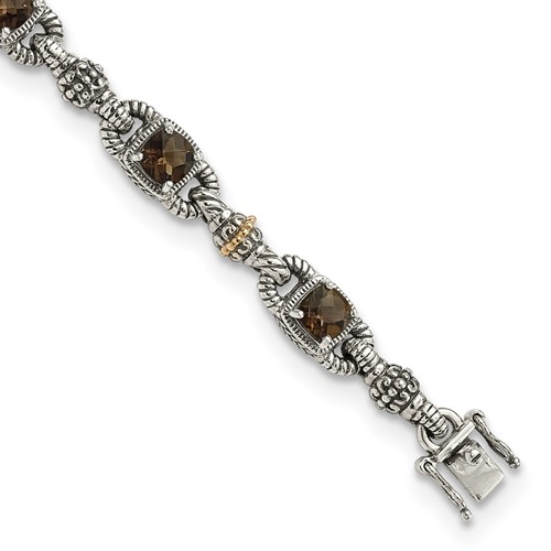 Shey Couture Sterling Silver Bracelet with 14K Accent Antiqued Cushion Checkerboard Smoky Quartz, 7.25"