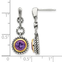 Shey Couture Sterling Silver Gold-tone Flash Gold-plated Antiqued Round Bezel Amethyst Post Dangle Earrings view 4