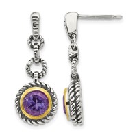 Shey Couture Sterling Silver Gold-tone Flash Gold-plated Antiqued Round Bezel Amethyst Post Dangle Earrings view 1