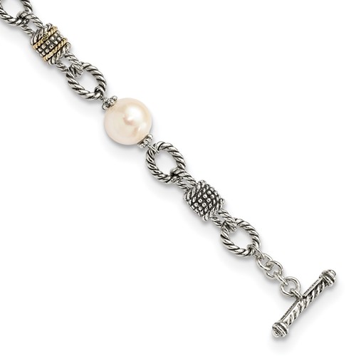 Shey Couture Sterling Silver Bracelet with 14K Accent Antiqued 10-10.5mm Freshwater Cultured Pearl, 7.5"