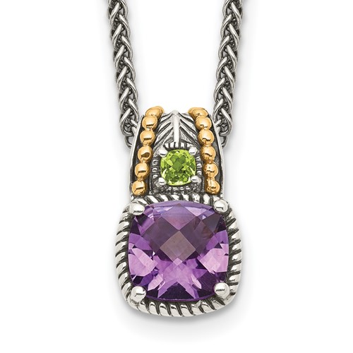 Shey Couture Sterling Silver Necklace with 14K Accent Antiqued Cushion 1.85 Amethyst and.21 Peridot, 18"