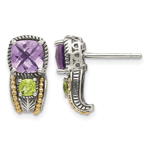 Shey Couture Sterling Silver Earrings with 14K Accent Antiqued Cushion 1.50 Amethyst and.24 Peridot Post