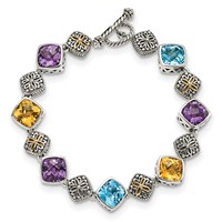 Shey Couture Sterling Silver Bracelet with 14K Accent Antiqued Cushion Bezel 7.95 Amethyst 7.1 Blue Topaz 5.3 Citrine, 8.25" view 4