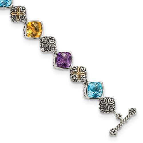 Shey Couture Sterling Silver with 14K Accent 8.25 Inch Antiqued Cushion Bezel 7.95Amethyst 7.1Blue Topaz 5.3Citrine Bracelet