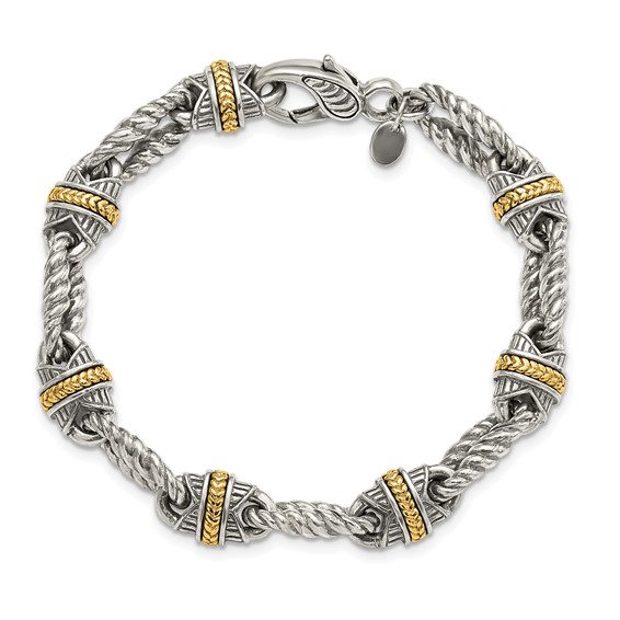 Sterling Silver w/14ky Accent Polished & Antiqued Link Bracelet