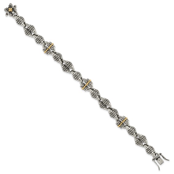 Sterling Silver w/14k Accent Antiqued Beaded Fancy Link Bracelet