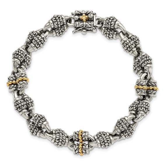 Sterling Silver w/14k Accent Antiqued Beaded Fancy Link Bracelet