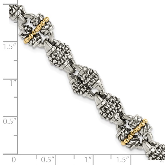 Sterling Silver w/14k Accent Antiqued Beaded Fancy Link Bracelet