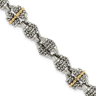 Sterling Silver w/14k Accent Antiqued Beaded Fancy Link Bracelet