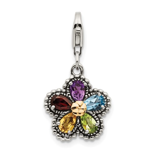 Shey Couture Sterling Silver Charm with 14K Accent Antiqued Pear Shaped Amethyst Citrine Blue Topaz Peridot and Garnet Multicolored Gemstone Flower with Lobster Clasp