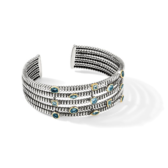 Shey Couture Sterling Silver Gold-tone Flash Gold-plated Antiqued Bezel Sky Blue Swiss and London Blue Topaz Cuff Bracelet