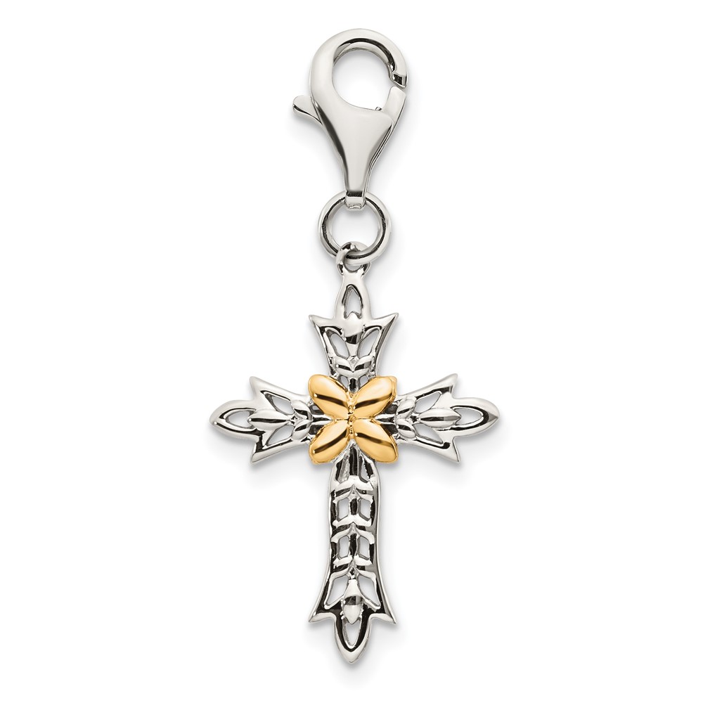 Shey Couture Sterling Silver Charm with 14K Accent Antiqued 3-D Antiqued Cross with Lobster Clasp