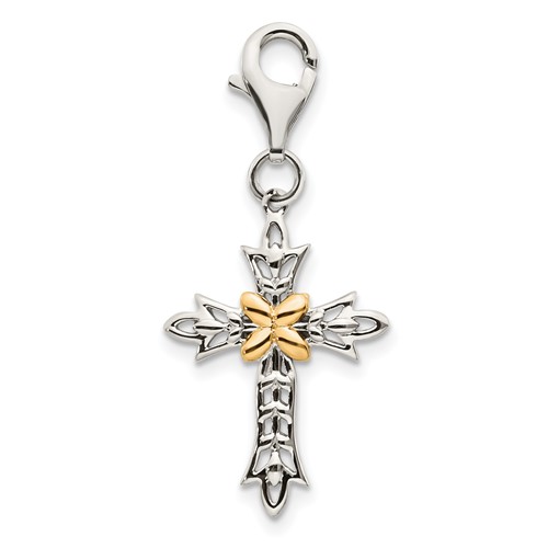 Shey Couture Sterling Silver Charm with 14K Accent Antiqued 3-D Antiqued Cross with Lobster Clasp