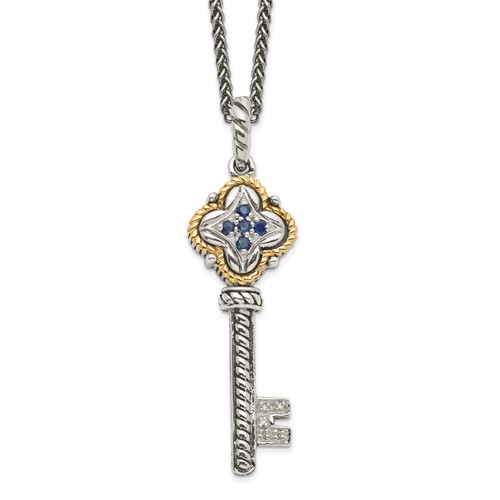 Shey Couture Sterling Silver Necklace with 14K Accent Antiqued Sapphire and Diamond Key, 18"