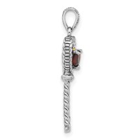 Sterling Silver W 14K Accent Polished & Antiqued Garnet Key Pendant view 2