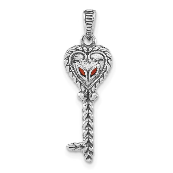 Sterling Silver w/14k Accent Polished & Antiqued Garnet Key Pendant