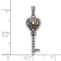 Sterling Silver W 14K Accent Polished & Antiqued Garnet Key Pendant view 3