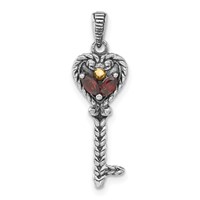 Sterling Silver W 14K Accent Polished & Antiqued Garnet Key Pendant view 1