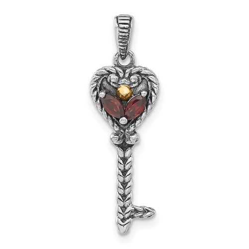 Sterling Silver Pendant with 14K Accent Polished & Antiqued Garnet Key