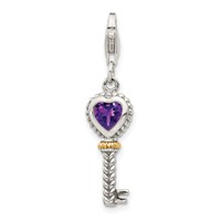 Shey Couture Sterling Silver Charm with 14K Accent Antiqued Heart Amethyst Antiqued Key with Lobster Clasp view 1