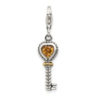 Shey Couture Sterling Silver Charm with 14K Accent Antiqued Heart Citrine Key with Lobster Clasp view 1