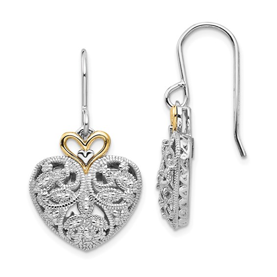 Shey Couture Sterling Silver Rhodium-plated with 14K Accent Diamond Shepherd Hook Dangle Vintage Heart Earrings
