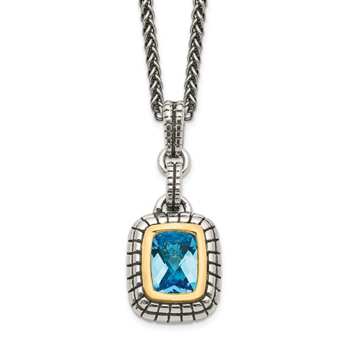 Shey Couture Sterling Silver Necklace with 14K Accent Antiqued Cushion Bezel Swiss Blue Topaz, 18"