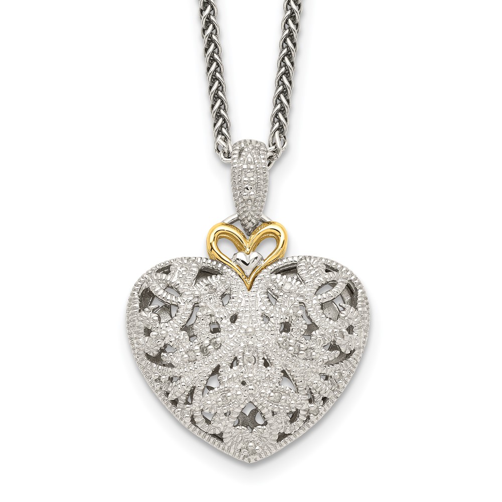 Shey Couture Sterling Silver Antiqued Necklace with 14K Accent Diamond Vintage Heart, 18"