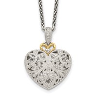 Shey Couture Sterling Silver Antiqued Necklace with 14K Accent Diamond Vintage Heart, 18" view 1