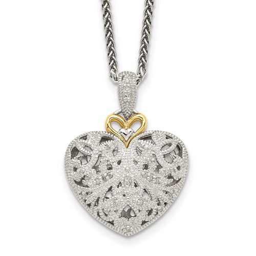 Shey Couture Sterling Silver Antiqued Necklace with 14K Accent Diamond Vintage Heart, 18"
