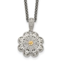 Shey Couture Sterling Silver Antiqued Necklace with 14K Accent Diamond Vintage Flower, 18" view 1
