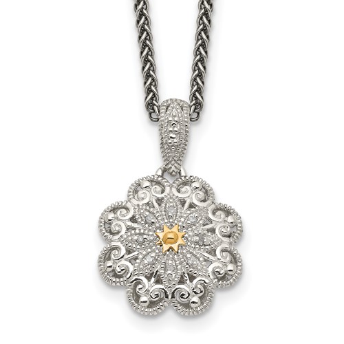 Shey Couture Sterling Silver Antiqued Necklace with 14K Accent Diamond Vintage Flower, 18"