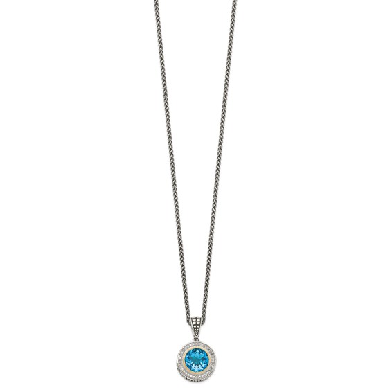 Shey Couture Sterling Silver with 14K Accent 18 Inch Antiqued Round Swiss Blue Topaz and Diamond Necklace