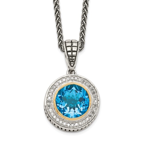 Shey Couture Sterling Silver Necklace with 14K Accent Antiqued Round Swiss Blue Topaz and Diamond, 18"
